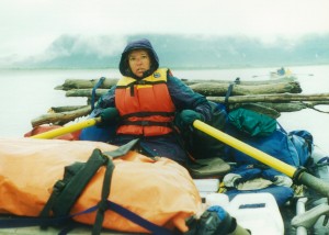 Cathy guiding the boat, Tatshenshini River Alaska 